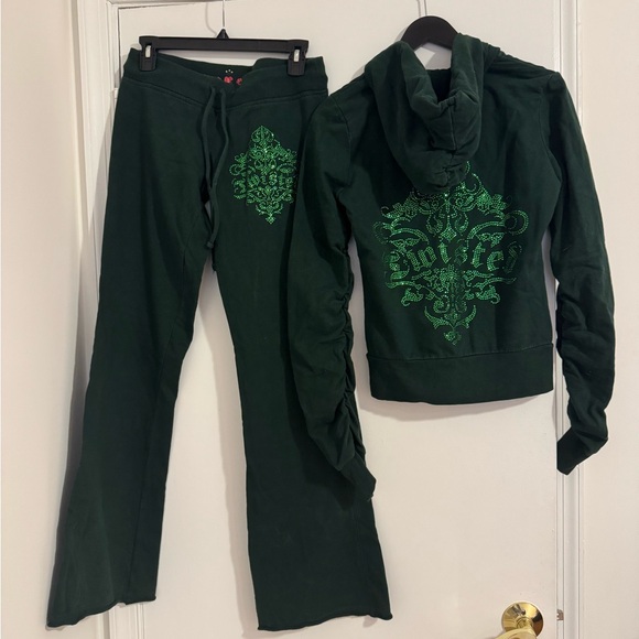 TWISTED HEART Pants - Twisted Heart Green Tracksuit Set with Hoodie and Pants Embellished Bling